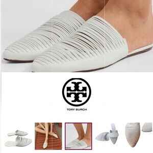 Tory Burch Sienna Woven Leather Pointed Toe Mule Slides – White – Size 9